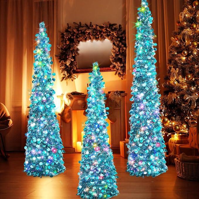 Shappy 4/5/6 Ft Collapsible Christmas Tree with Lights Artificial Pop up Tinsel Pencil Skinny Xmas Trees for Home Party Holiday Decorations(Light Blue,3 Set)