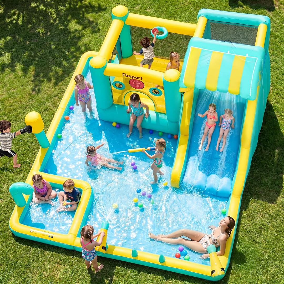 FBSPORT Inflatable Bounce House Water Slide, Widen Water Slide Park 10-in-1 Bounce House with 480W Blower, Jumping, Climbing, Splash Pool, Bouncy Castle for Kids 3-10 Backyard Party Outdoor Indoor, 19 inches x 18 inches x 27 inches