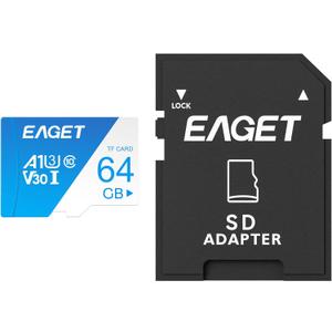 EAGET 1-Pack 64GB TF Memory Card Up to 100MB/s Read 60MB/s Write with SD Adapter, Mini SD Card, High Endurance A1 U3 V30 C10 UHS-I 4K Video for Dash Cam Security Camera Smartphone Tablet