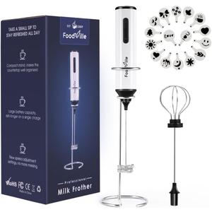 FoodVille MF05 Rechargeable Milk Frother USB Charging Handheld Foam Maker with Stainless Balloon Whisk for Cappuccino, Latte, Bulletproof Coffee, Keto Diet, Protein Powder, Matcha (White)