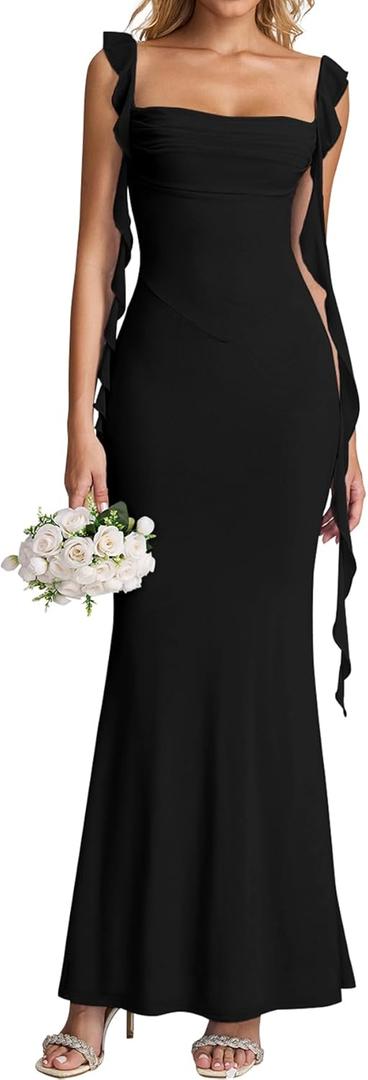 KUTUMAI Elegant Long Formal Wedding Guest Dresses for Women Ruffle Bodycon Cocktail Party Maxi Dress (Large, Black)