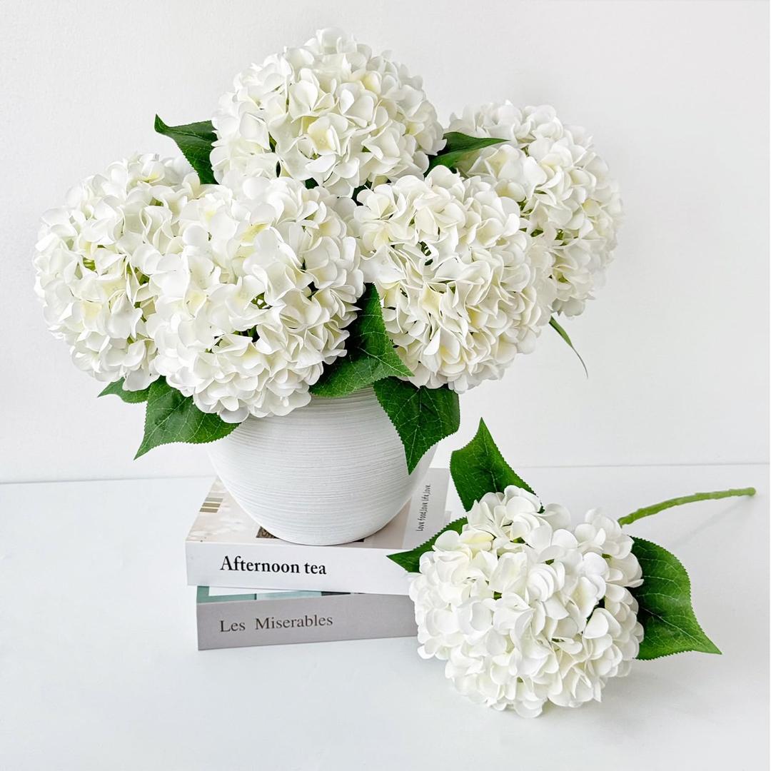 5 Pcs White Silk Hydrangeas Aritificial Flower Boho Dried Touch 20'' Faux Hydrangeas for Spring Indoor Home Decor Kitchen Living Room Porch Outdoor Wedding Flower Arrangement