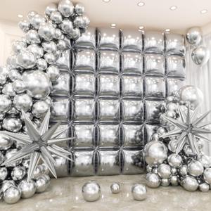 36pcs Metallic Silver Square Foil Balloons Wall Backdrop with 79pcs Balloon Garland Arch Kit, Double Sided Balloon for Bachelorette Baby Shower Birthday Anniversary Graduation Party Decorations