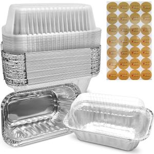 Mini Loaf Pans with Lids 50 Pack Small Aluminum Pans with Lids 6x3.5x2 complete with Baked with Love Stickers for Baking Bread, Fruit Cake, Banana Bread, Meatloaf and Baked Goods