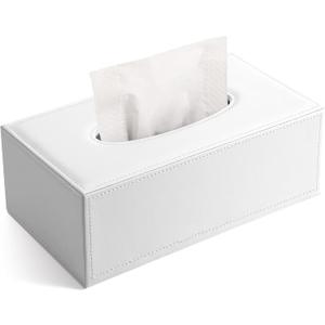 KINGFOM Rectangular PU Leather Tissue Box Cover - Facial Tissue Paper Napkin Holder for Bathroom, Home, Office, Car Automotive Decoration with Magnetic Bottom(White)