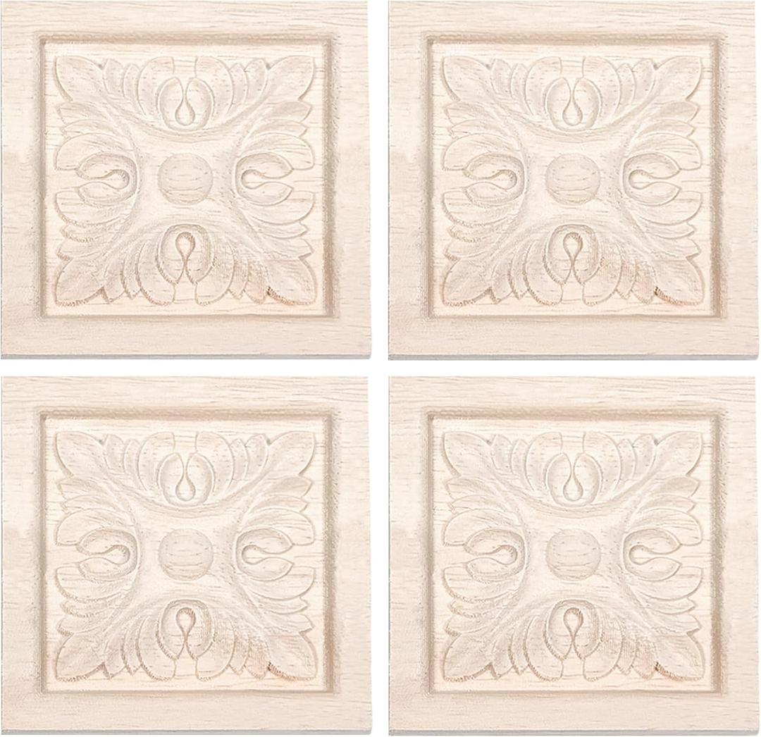 8 Pcs Decorative Wood Flower Carved Appliques Onlays, 3.1 x 3.1inch Unpainted Solid Wood Square Carving Decal for Furniture Cabinet Closet Decoration (Type2-3.1inch-8pcs)