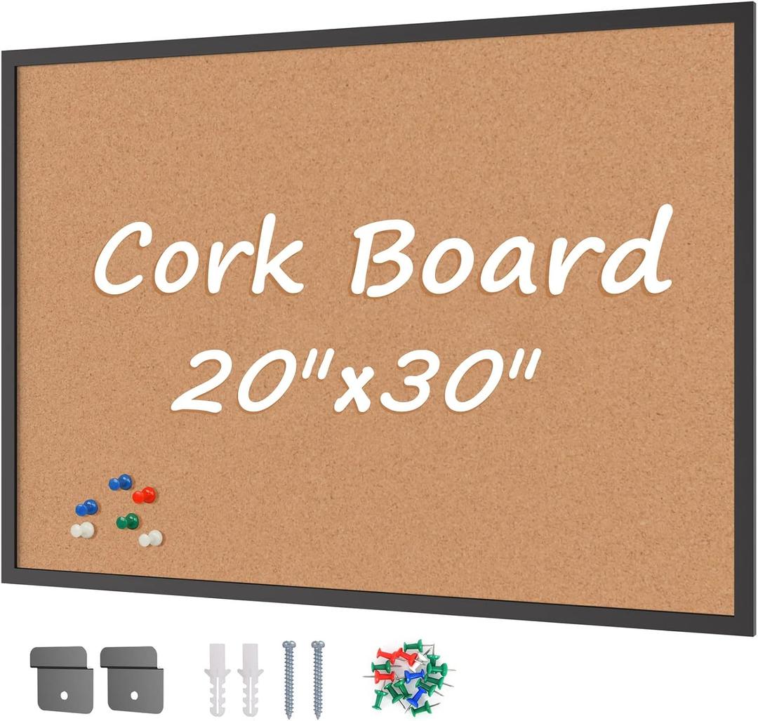 Cork Board Bulletin Board 20 x 30, Black Wood Framed Corkboard, Office Board for Wall Cork, Large Wall Mounted Notice Pin Board with 16 Push Pins for School, Home & Office