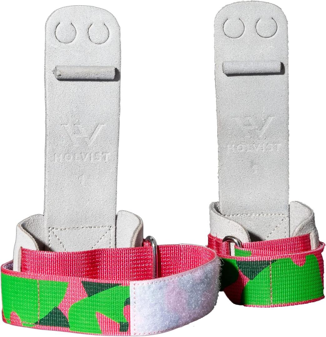 HOLVIST Gymnastics Grips | Leather Made Dowel Gymnastic Grips | Gymnastics Grips for Girls 10-12 | Hook & Loop Gymnastics Grips for Girls 7-9 | 2 Hole Womens Gymnastics Hand Grips (4, Camo)
