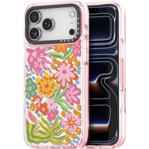 for iPhone 17 Pro Max Case Cute - Durable Shockproof 6.6 ft Drop Impact Phone Case - Funny Passion Flower Design (6.9") Glitter Pink