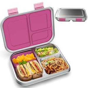 BOSEDSANG Stainless Steel Kids Leak-Resistant Bento Lunch Box, 3-Compartments with Silicone Container, Dishwasher-Safe, Child-Friendly Design for School, Picnics & Travel, BPA-Free (Pink)