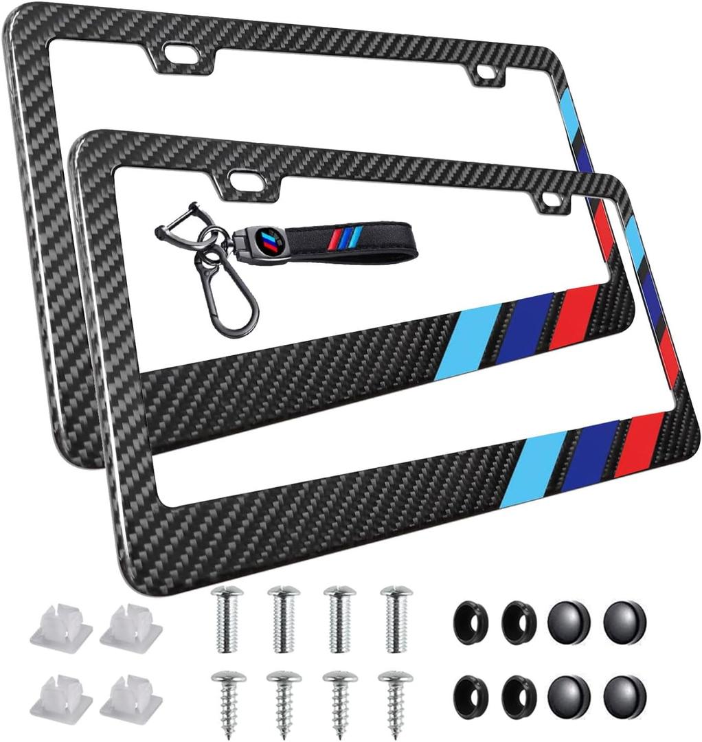 2 Pack Tri-Color License Plate Frame, Front Back License Plate Cover, License Plate Bracket Holder Rust-Proof Rattle-Proof for US CA Standard Car & 1Pcs Key Chain