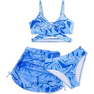 Girls Swimsuits 3 Piece Bathing Suit Allover Printed Criss Cross Bikini Set with Cover Up Skirt Beach Swimwear 7-16 Years (Blue)