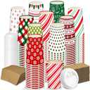 Qilery 300 Pcs Christmas Paper Coffee Cups with Lids and Sleeves Festive Christmas Disposable Hot Cups for Cocoa Chocolate Beverages Decorative Holiday Party Paper Cup(Snowflake,16 oz)