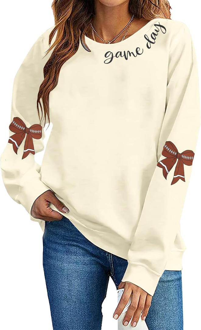 DUTUT Game Day Sweatshirt Women: Cute Football Bow Graphic Pullover Tops Casual Football Season Long Sleeve Shirt (L)