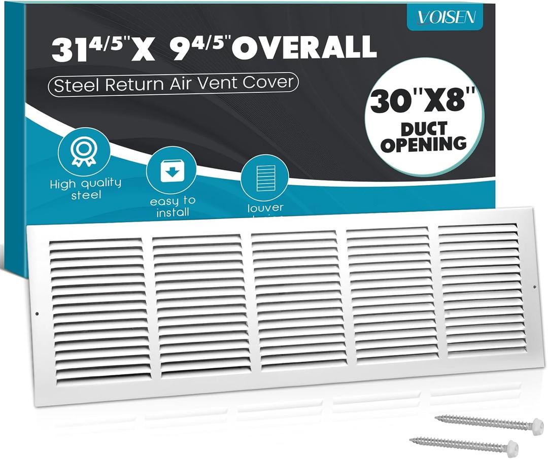 VOISEN Return Air Grille,Fits 30x8 Duct Opening,Steel Return Vent Cover, White Vent Cover Grill for Sidewall and Ceiling,HAVC Cold Air Return Vent Cover,Overall Size:31.8"W X 9.8"H