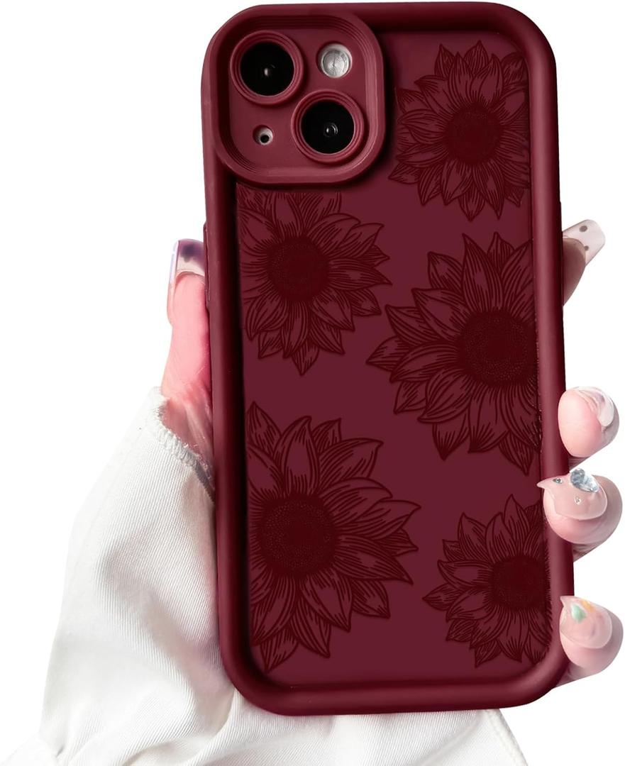 NITITOP Compatible with iPhone 13 Case Cute Sunflower Floral Design for Women Girls Flower Artistic Soft TPU Shockproof Protective Full Camera Protection Cover - Wine Red