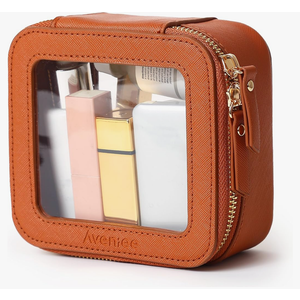 Aveniee Mini Clear Makeup Bag, Small Cosmetic Bags Travel Toiletry Pouch Organizer, TSA Approved Make up Case with Zipper, Car Bag for Essentials,Brown