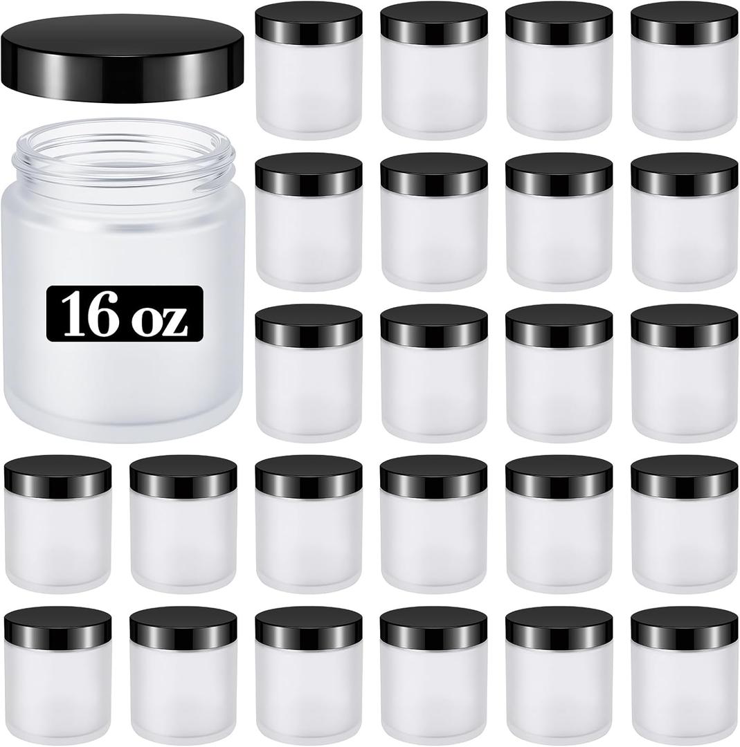 Norme 24 Pieces 16 oz Glass Jars with Lids Empty Storage Containers Leakproof Round Cosmetic Jars for Storing Lotions Powder Ointments Making (Frosted White)