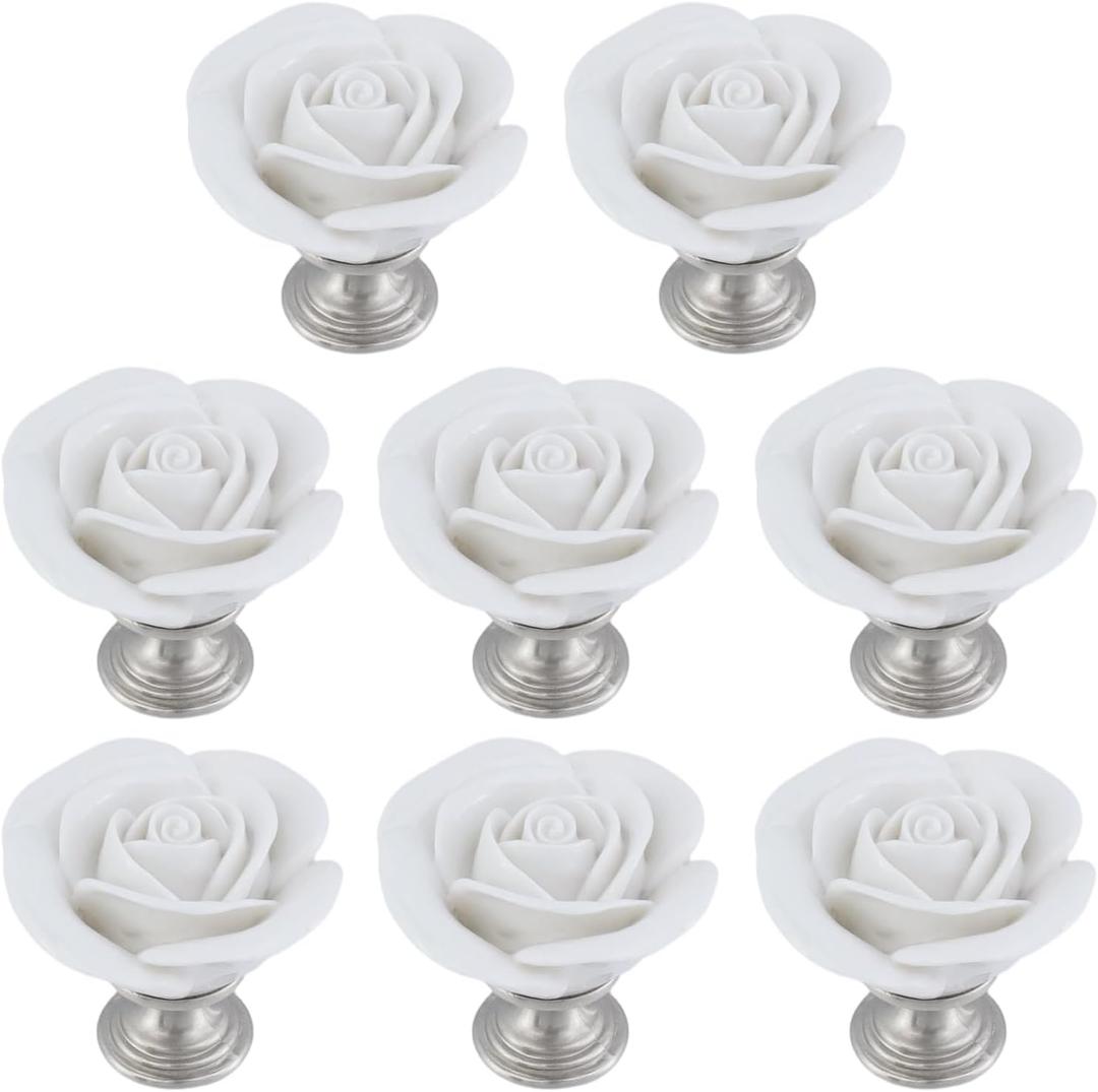 8PCS 1.65" x 1.54" White Rose with Base Knobs Ceramics Flower Shaped Pulls for Cupboard Drawer, with 2 Kinds of Screws
