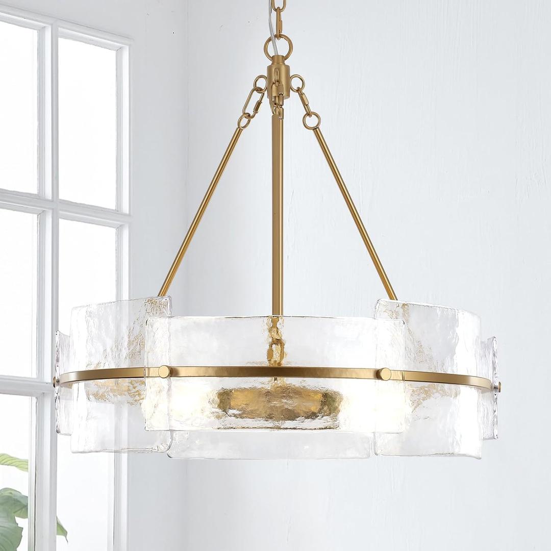 Modern Dining Room Chandelier, 22 inch Gold Textured Glass Drum Chandelier Luxury Crystal Hanging Lighting for Living Room Foyer Kitchen Island Bedroom