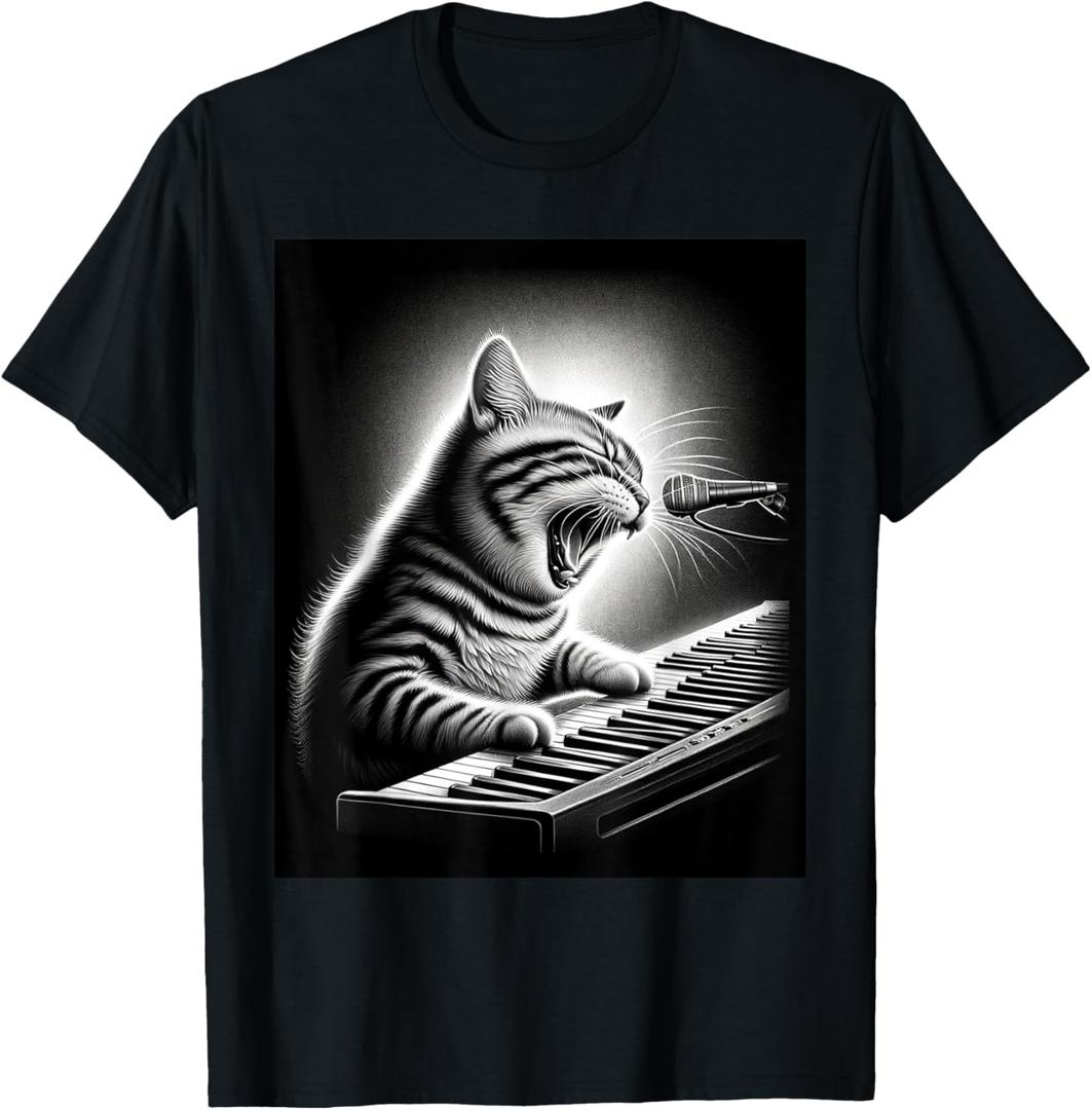 Musician Piano Player Funny Cat Playing Keyboard Men Women Kids T-Shirt