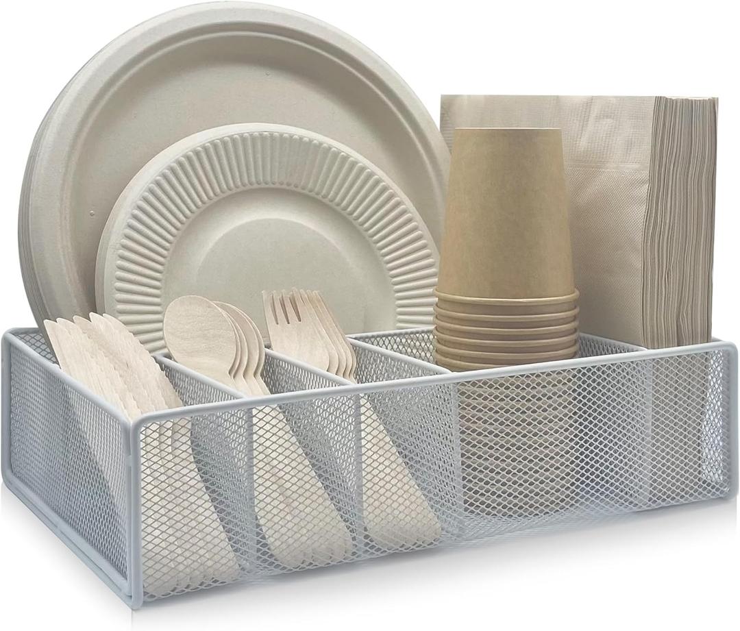 Metal Paper Plate Holder - Utensil Silverware Caddy for Kitchen Counter Cabinet Cutlery Flatware Organizer Storage Dispenser Box for Plastic Spoon Fork Plates Napkins Cup Party Camping White