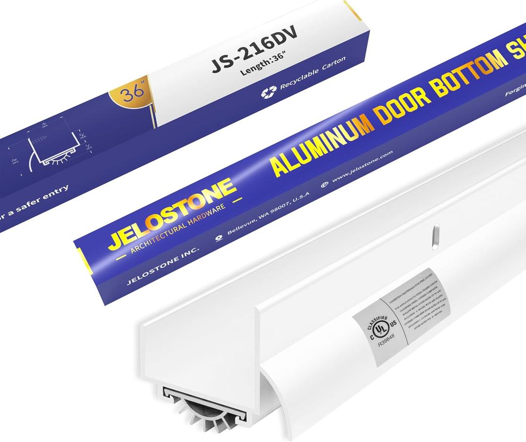 U-Shaped Aluminum Door Bottom Shoes with Drip Cap (White) - Fire Rated - 1-3/4"W x 1-5/16"H x 36" L Weather Stripping Seal for Exterior Doors, Vinyl Insert, Powder Coated JS-216DV
