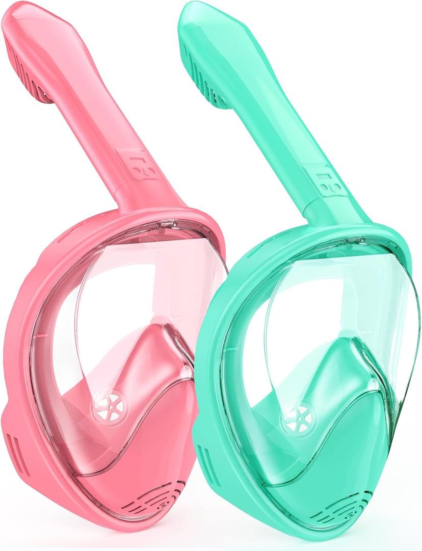 Kids Snorkel Mask Full Face, Snorkeling Gear for Kids 2-14 with Camera Mount, 180 Degree Panoramic View Snorkeling Set Anti-Fog Anti-Leak (Cyan Pink)