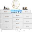 Furnulem White Dresser for Bedroom with LED Lights & Charging Station,55" Long Dressers & Chest of Drawers with 12 Storage Bins, Fabric Furniture for Closet,Hallway,2-Tier Shelf Wood Top,Metal Frame