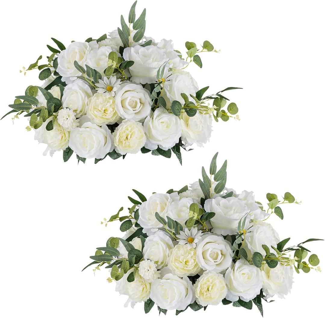 NUPTIO Large Flower Centerpieces for Tables: 17.7 inch Diameter White Artificial Flower Ball Arrangement for Wedding Party Centerpiece - 2 Pcs Fake Floral Rose for Bridal Shower Decorations, White