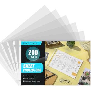 Glenmal 200 Pack Sheet Protectors 11 x 17 Inch 3 Hole Clear Heavy Duty Page Protectors for 3 Ring Binder, Plastic Sleeves for Binders