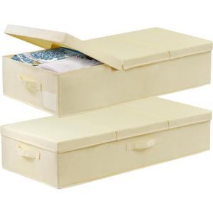 Large Underbed Storage Bags Organizer Container With Lids, Set of 2 Under Bed Storage Organizer Box With Handle, Fabric Under The Bed Storage Bins for Blanket Pillow Comforter & Quilt Wrapping Paper (Beige-2 Pack)
