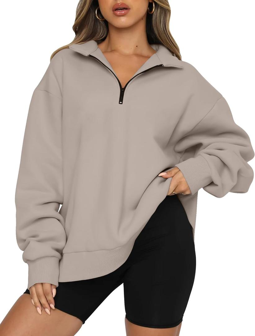 Trendy Queen Women's Oversized Half Zip Fleece Sweatshirts-Cozy Pullover, Drop Shoulder for Fall Winter (XX-Large, Coffeegrey)
