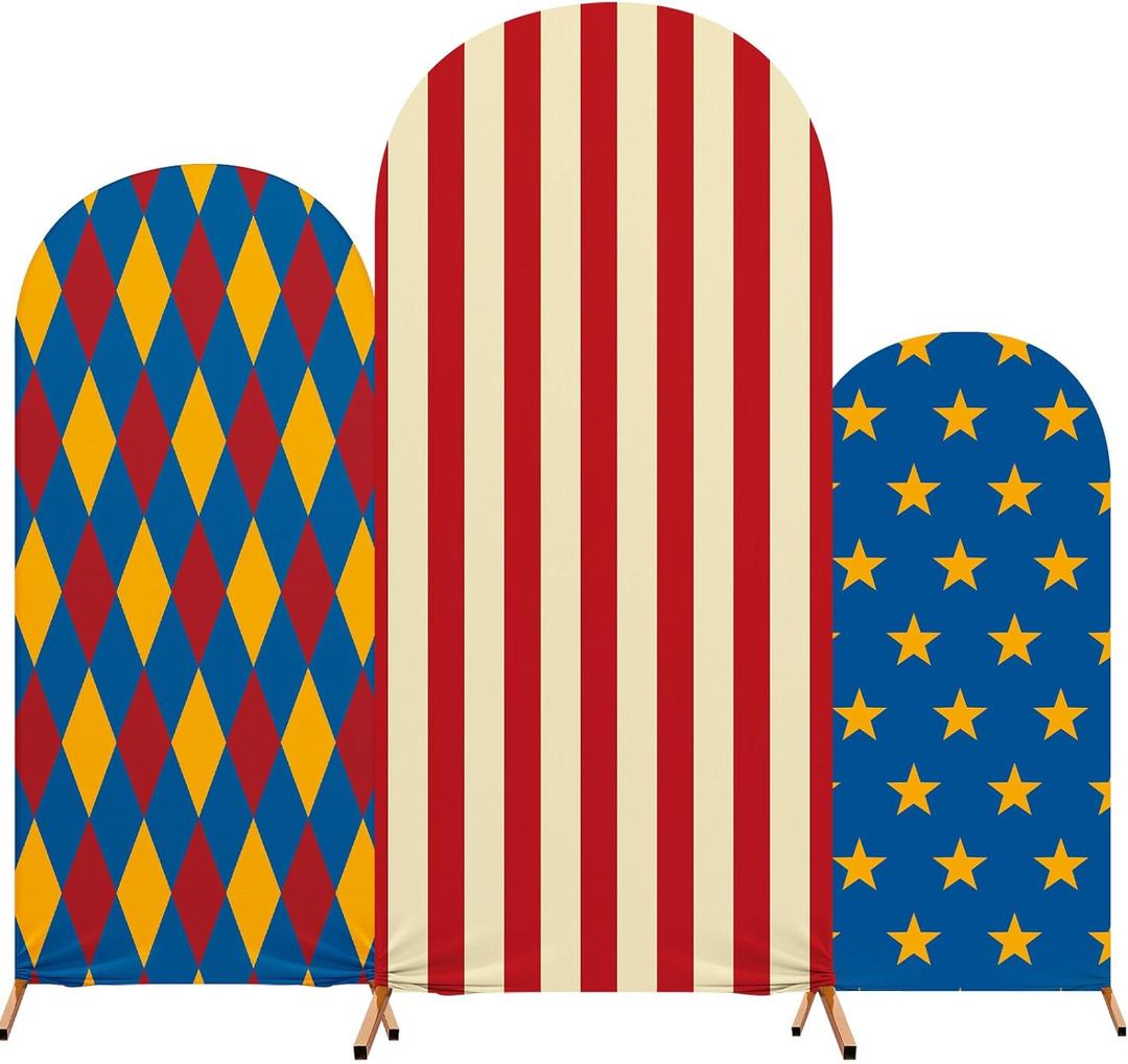 Circus Theme Arch Covers Set of 3, 4ft 5ft 6ft Circus Theme Fiesta Print Arch Cover Spandex for Carnival Vintage Birthday Party Wedding Decorations