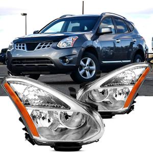 Headlights Assembly Compatible with 2008 2009 2010 2011 2012 2013 Nissan Rogue Halogen Head Lamp Replacement, Not Fit HID Models, Chrome Housing Amber Reflector