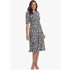 London Times Womens Elbow Sleeve A-Line Midi-Pretty Garden Party Special Occasion Wedding Guest Dress, Black/ Sugar Swizzle, 8