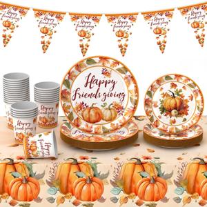 GOOD FEEL KING Friendsgiving Party Decorations, Thanksgiving Plates, Cups, Napkins, Tablecloth, Banner, Pumpkin Maple Leaf Pattern, Orange, Red, Brown