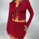 MakeMeChic Women's Bow Decor Rib Knit Top Cut Out Tee Shirt Tie Front Long Sleeve Slim Fitted Crop Tops (Red, M)