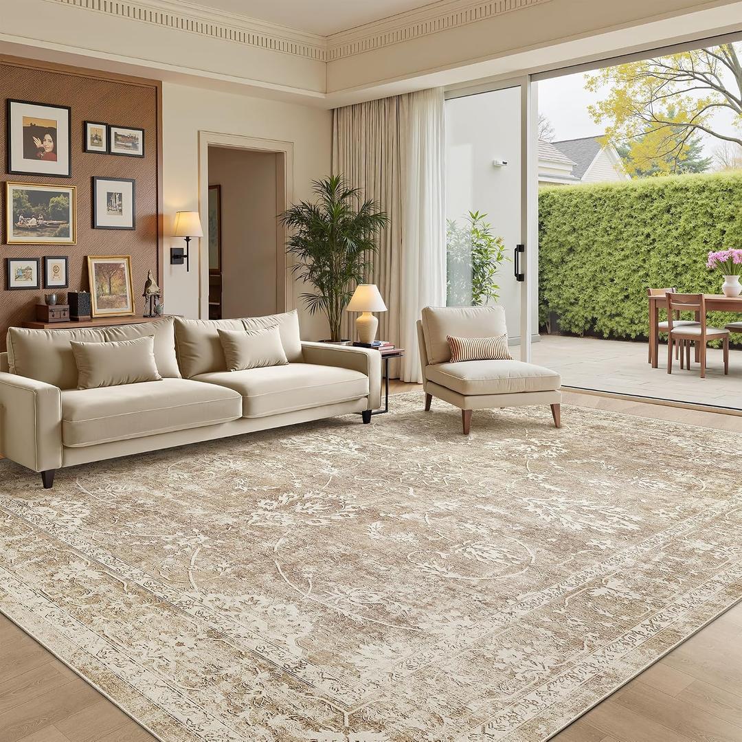 Madane 8x10 Area Rugs for Living Room, Machine Washable Vintage Neutral Rug with Non-Slip Backing, Soft Large Throw Rug, Thin Carpet for Bedroom Dining Room Farmhouse (8 x 10, Beige/Brown)