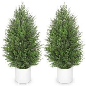 Briful 3ft Artificial Cedar Topiary Trees, Set of 2 Realistic Faux Cypress Outdoor Plants, Fake Front Porch Trees, UV Protection Patio Trees in White Pot for Outside