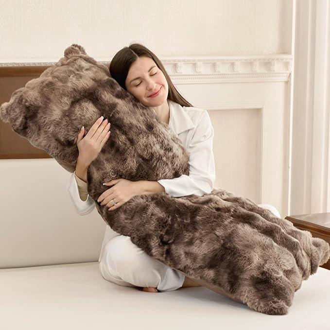ZonLi Fluffy Body Pillow for Adults, Fuzzy Faux Fur Body Pillow with Shredded Memory Foam, Adjustable Support for Side Sleepers, Pregnancy & Decor, Gifts，20x54 Inch, Brown