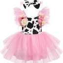 IMEKIS Toddler Baby Girl Cow Birthday Outfit Boho Backless Tutu Dress with Headband Cake Smash Photo Shoot, One Size