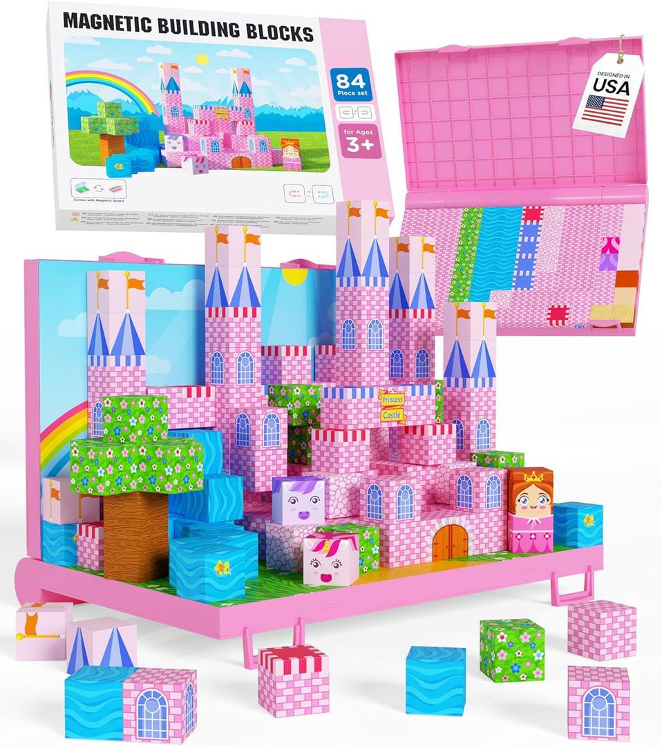 Gift-Ready Magnetic Building Blocks for Kids, Magnet Cubes  Princess Castle Toy Building Sets with Magnetic Storage Board  84-Piece Pixy Stacking STEM Building Toys for Boys & Girls Ages 3 to 12