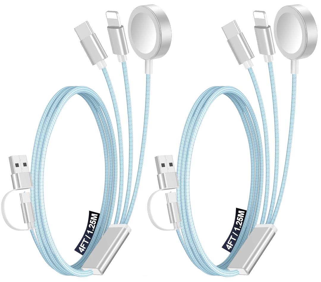 2 Pack Multi Charging Cable Cord for Travel Essentials,Apple Watch Charger,iPhone Charger,[3-in-2] Type C/L Cable Portable Designed for iWatch,iPhone 17-8,Galaxy S25-21,AirPods,iPad-4FT Blue