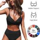 CUPSHE Women's Bikini Sets Two Piece Swimsuit High Waisted V Neck Twist Front Adjustable Spaghetti Straps Bathing Suit (Black, S)