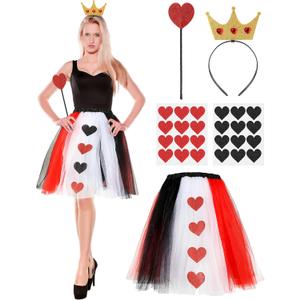 4 Pcs Queen Costume Accessory Set Queen Crown Scepter Tutu Skirt for Women Carnival Cosplay 1920s Party (Red and Black)