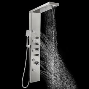 ROVOGO Shower Panel Tower with Rainfall Waterfall Shower Head, 5 Body Jets and 3-Function Handheld, High Pressure Rain Massage System, Wall-Mount Shower Column, Stainless Steel Brushed