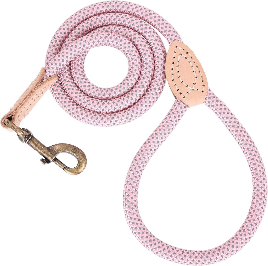 Mile High Life Dog Rope Leash 6 FT with Genuine Leather Tip, Reflective Rope Leash for Medium Large Dogs (Pink, 72 Inch)