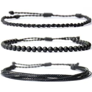 Handmade Natural Stone Beaded Healing Bracelet Gift for Men Adjustable Rope String Bracelet (black agate, Adjustable)