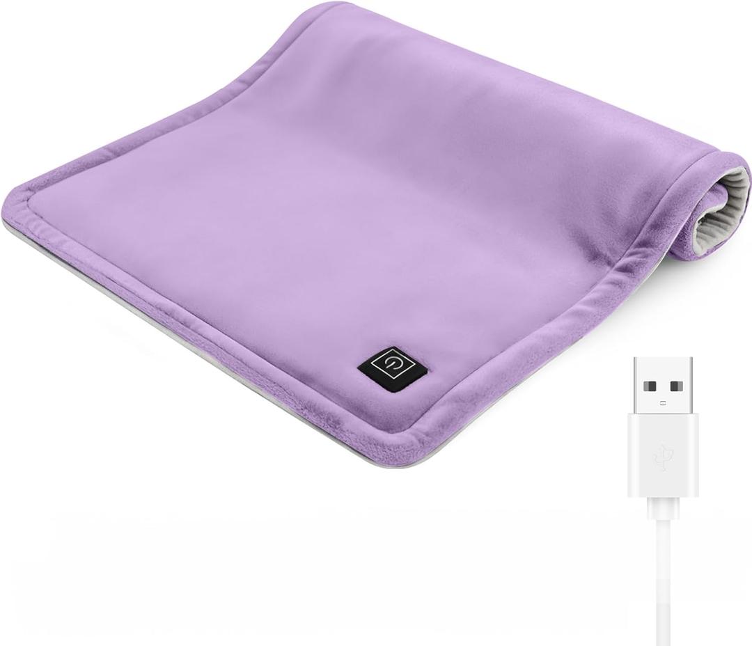 USB Plug-in Heating Pad for Travel Warmth Outdoors, Non-Rechargeable Small Heated Pad 5V Heat Therapy for Pain Relief Abdomen Cramps, 3 Heat Settings & Auto Shut Off (12"x 16") Purple